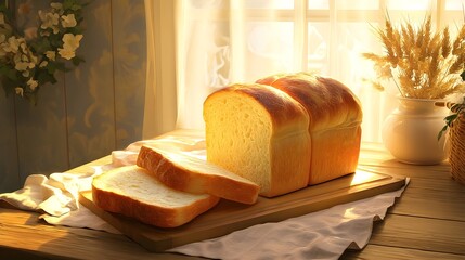 Freshly sliced bread on a wooden board in a cozy kitchen with warm sunlight