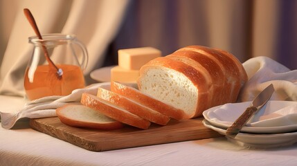 Freshly sliced bread on a wooden board with honey and butter ready for breakfast or snack time