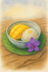 Mango Sticky Rice on Banana Leaf – Thai Dessert Watercolor PNG