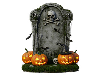 Spooky halloween tombstone with pumpkins isolated on transparent background