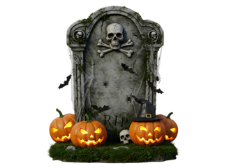 Spooky halloween tombstone with pumpkins isolated on transparent background