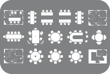 Collection of office floor plans and meeting room table layouts top view