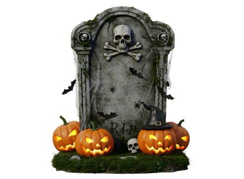 Spooky halloween tombstone with pumpkins isolated on transparent background