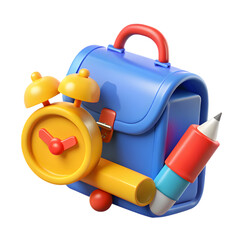 3D school-themed icon collection with backpack, pencil, paint palette, brush and supplies on PNG background
