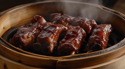 Steaming Ribs with Glaze in Bamboo Steamer Ready to Eat