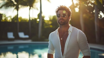 Sunlit portrait of a man with a thoughtful expression standing by a pool with palm trees in the background