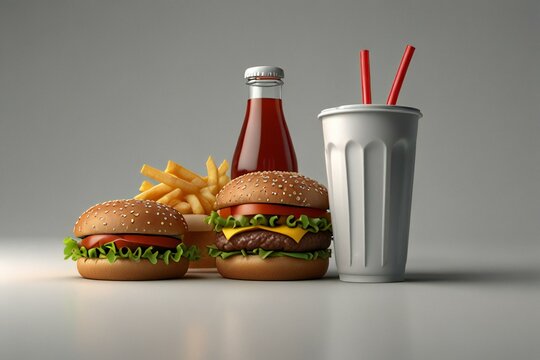 Classic american burger meal with fries and soda