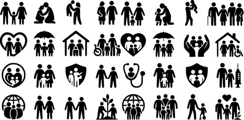 Black and White Family and Healthcare Silhouette Icons Collection