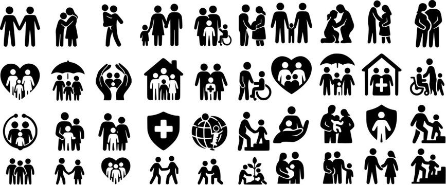 Set of Family and Healthcare Silhouette Icons – Parenting, Protection, Accessibility, and Care Concepts in Vector