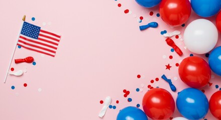 A festive backdrop with white and blue balloons, confetti, and a U.S. flag on light pink.
