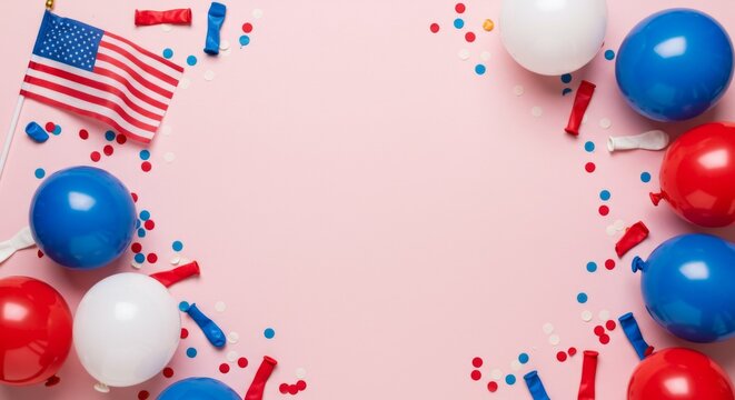 A festive backdrop with white and blue balloons, confetti, and a U.S. flag on light pink.