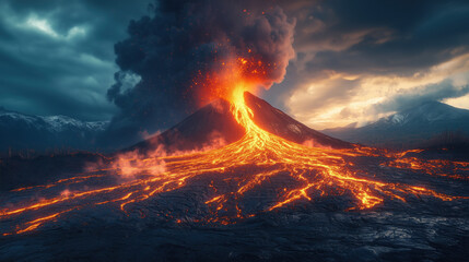 a beautiful and dangerous volcano mid-eruption with a massive ash cloud rising into the sky and lava fountains illuminating the dark landscape