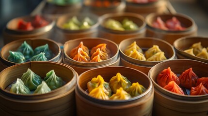 Steaming Colorful Dumplings in Bamboo Baskets at Food Market