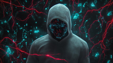 Hacker are planning to hack and attack networks and cyber security systems and stands on the peak of success amid tall, innovative Smart city and graphs with statistics to analyze business potential