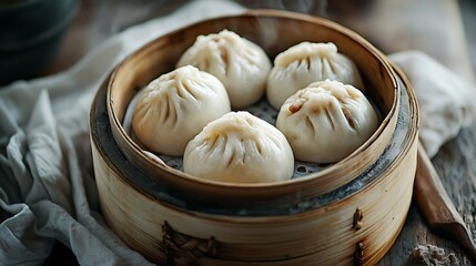 Steaming Dumplings in Bamboo Steamer Asian Cuisine