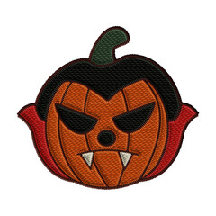 Orange vampire jack-o’-lantern with black hair, red collar, and sharp fangs. Embroidered Halloween clipart for spooky patches, prints, and costume elements. For digital stickers,  kids’ crafts