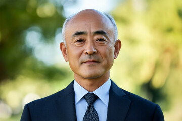 Confident mature Asian man in dark suit and tie standing outdoors and looking at camera. Professional business portrait