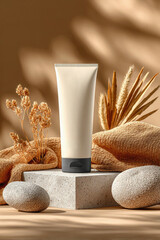 White cosmetic cream tube on stone pedestal surrounded by dried plants and shadows against soft beige background. Natural skincare and organic beauty concept