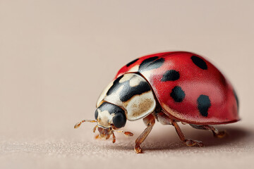 Ladybug with red wings and black spots on neutral surface. Macro shot of coccinellidae insect