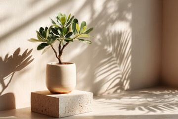 Green plant in ceramic pot on stone pedestal with light and leaf shadows on beige wall. Minimalist interior composition with natural light, home decor and indoor greenery