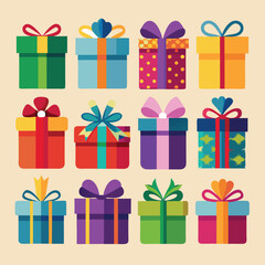 Sixteen Colorful Gift Boxes Vector Illustration Set