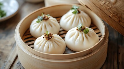 Steamed Dumplings in Bamboo Steamer Asian Cuisine