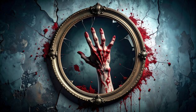 Bloody Hand Emerging from Shattered Mirror Horror Artwork