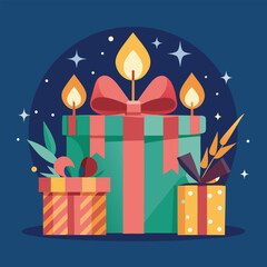 Christmas Gift Box with Burning Candles Vector Illustration