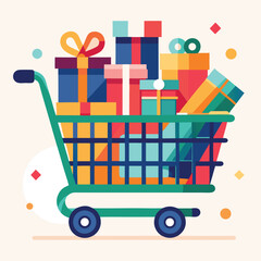 Shopping Cart Filled with Gift Boxes Colorful Vector Illustration