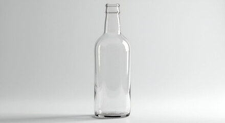 Fototapeta premium Empty clear glass bottle standing upright on a plain white background. Empty glass bottle for beverage product design. Generic bottle for commercial use. Studio shot.