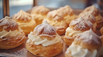 Cream Puffs with Powdered Sugar Displayed Freshly Baked
