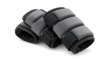 Gray and black wrist weights for exercise. Pair of wrist weights resting on a plain white background. Fitness accessories for athletes or gym goers. studio shot.