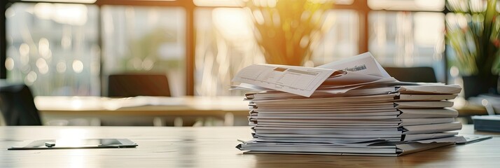 A large stack of papers and documents in the office on the desk. Accounting documents, tax reports.