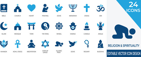 A comprehensive collection of religious and spiritual solid icons representing diverse faiths and beliefs. Ideal for projects centered on spirituality, worship, and cultural traditions.