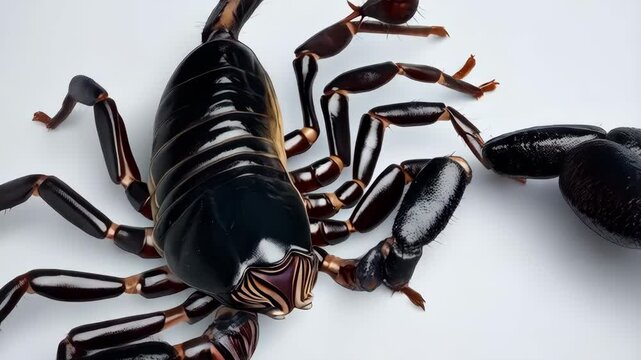 Detailed close-up view of a glossy black scorpion featuring segmented body, powerful claws, and venomous stinger on a white background