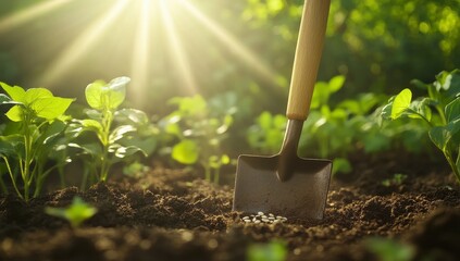 gardening tools in garden