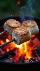 Grilled marshmallows, caramelized, over glowing embers , crispy, heat