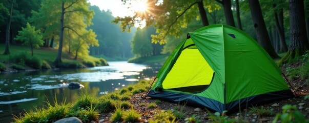Green camping tent pitched near river in forest, relaxation, gear