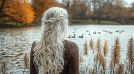 A woman with curly, white hair stands near a park's lake, where ducks swim in the water and tall grasses gently sway in the breeze.