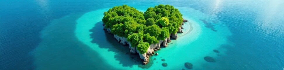 Heart-shaped island, lush vegetation, turquoise water, destination, dream