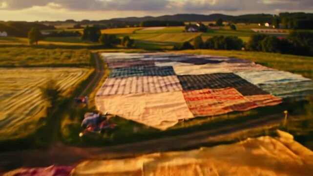 Large patchwork quilt field sunset