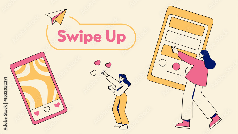 Poster illustration featuring two women interacting with stylized mobile interfaces and swipe up prompt des