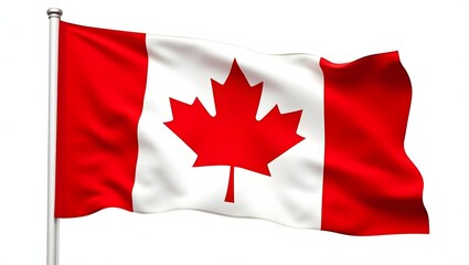 Photorealistic Canadian flag with red maple leaf on a white field between two red vertical bands. Realistic fabric folds and texture. Isolated on white background.