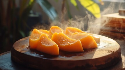 Serving Hot Sliced Pumpkin on Wooden Plate with Steam