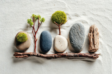 Flat lay composition with natural stones, dry twigs and moss on textured surface. Minimalist arrangement for wellness, eco design or organic product