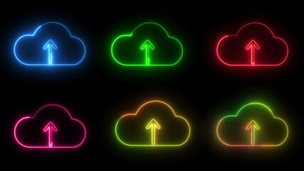 Neon cloud upload icon animation bundle, glowing vibrant data transfer to cloud storage symbols set for digital tech, ui ux videos and presentations. - Powered by Adobe