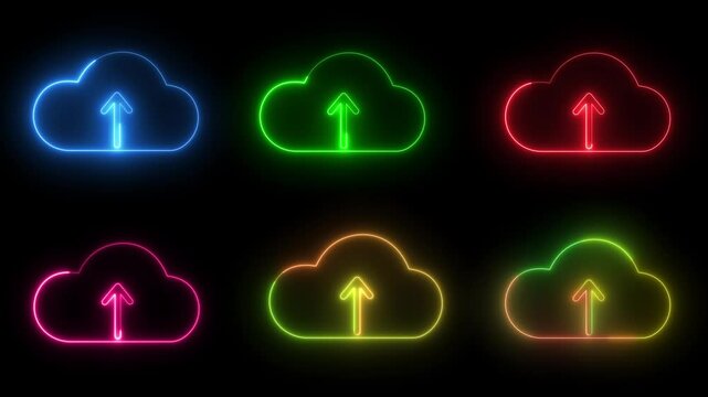 Neon cloud upload icon animation bundle, glowing vibrant data transfer to cloud storage symbols set for digital tech, ui ux videos and presentations. - Powered by Adobe