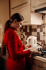 Woman Kitchen Cooking Recipe: Nighttime home cooking preparation, showing a woman in a red dress following a recipe in her kitchen.