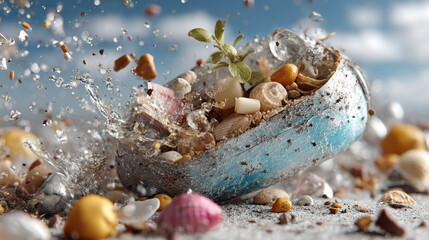 Microplastics concept ,food delivery container filled with various items and washed up beach, surrounded by microplastics