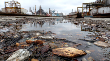 Microplastics concept ,Polluted industrial zone with runoff and debris in puddle, showcasing environmental concerns
